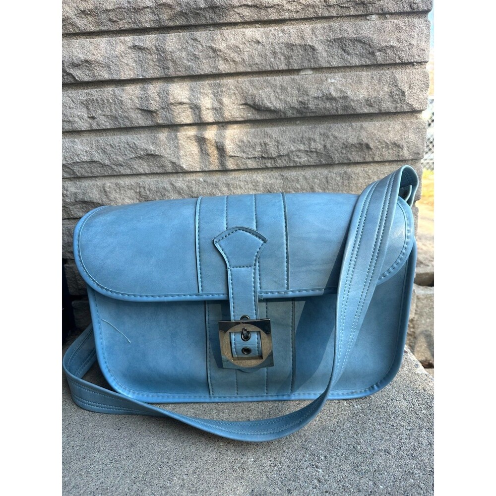 Vintage Blue Faux Leather Hard Case Carry On Luggage Bag Purse Retro 60s 70s